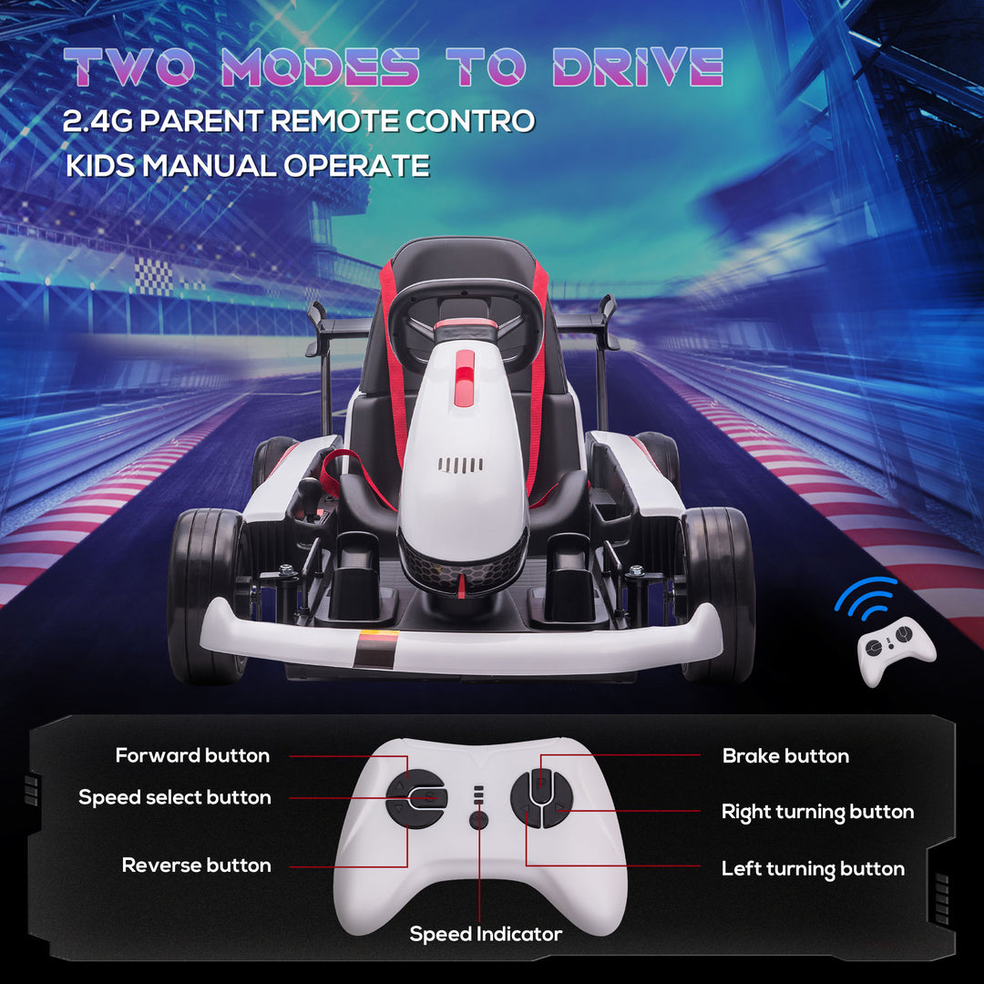 Electric Go Kart with Adjustable Footrest, Reversing Steering Wheel, Kids Ride-On Racing Go Kart with 12V Rechargeable Battery 2 Speeds White