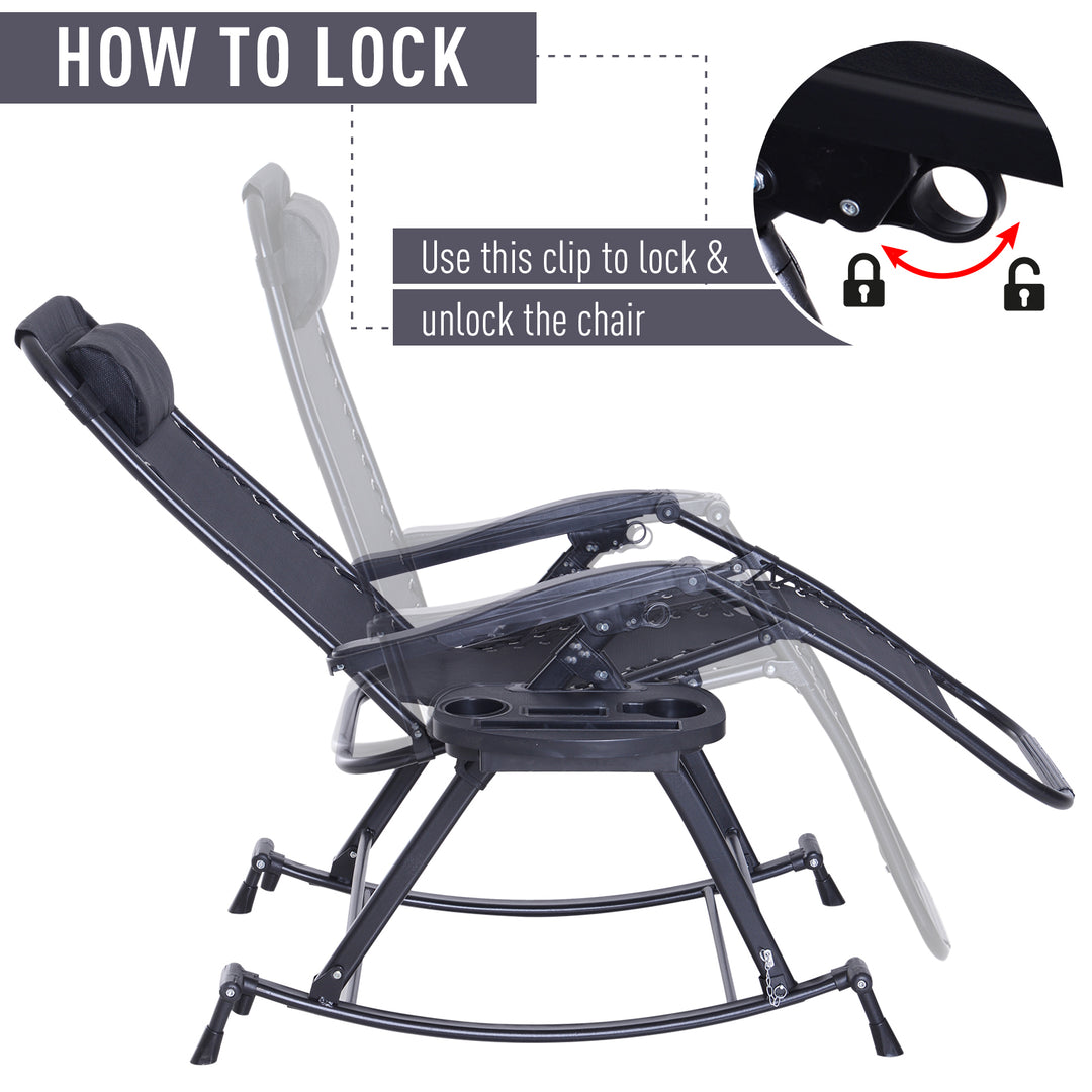 Rocking Chair Folding Recliner Outdoor with Headrest Side Holder Patio Deck - Black