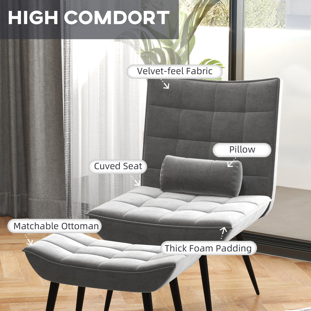 Accent Chair with Footstool Set, Modern Tufted Upholstered Lounge Chair with Pillow and Steel Legs for Living Room, Bedroom, Home Study, Grey