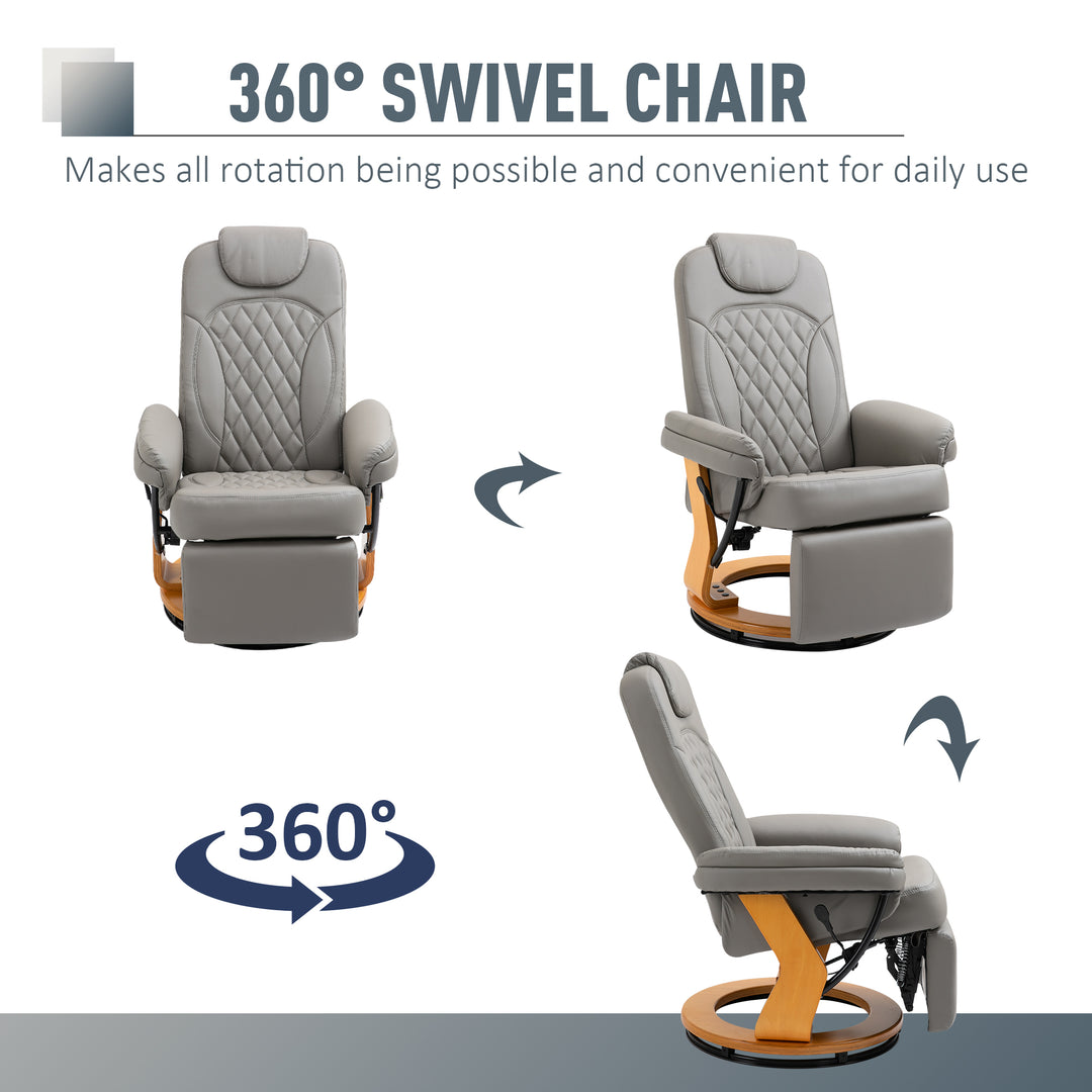 HOMCOM PU Recliner Chair with Footrest, Headrest, Round Wood Base, Lounge Reading Armchair for Living Room, Bedroom, Office, Grey