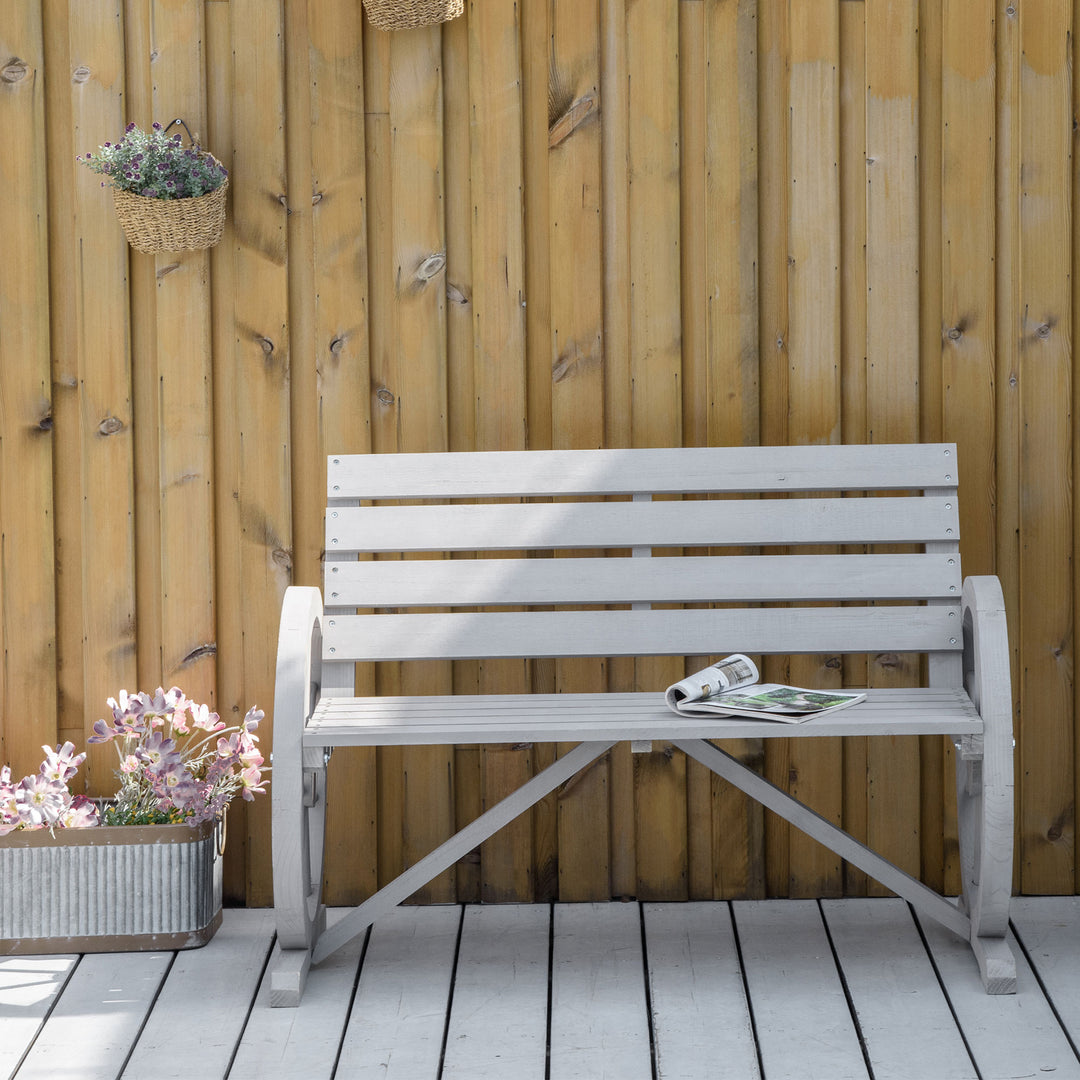 Outsunny 2 Seater Garden Bench Outdoor Garden Armrest Chair with Wooden Cart Wagon Wheel Rustic High Back Grey