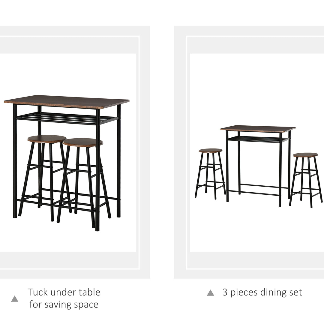 Bar Table Set, Bar Set-1 Bar Table and 2 Stools with Metal Frame Footrest and Storage Shelf, for Kitchen, Dining Room, Pub, Cafe, Black and Oak