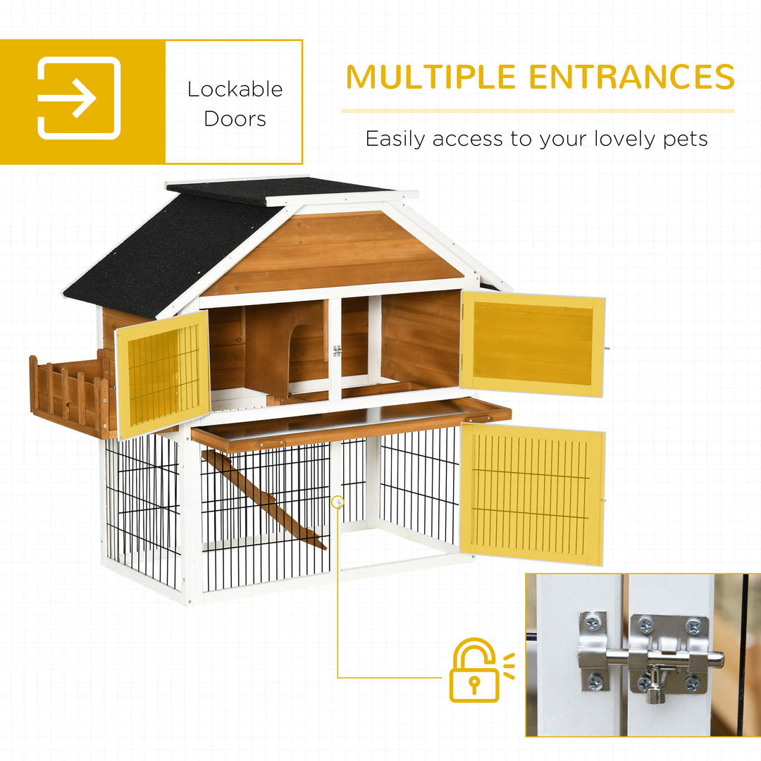 PawHut 2 Tier Wooden Rabbit Hutch, Guinea Pig Cage, Bunny Run, Small Animal House with Plant Box, Slide-out Tray, Ramp, 123 x 58 x 106cm, Natural