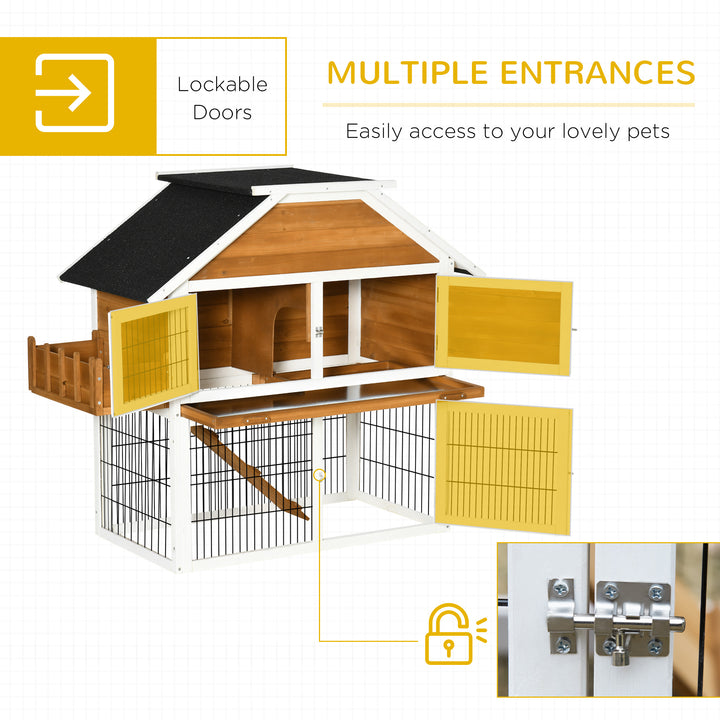 PawHut 2 Tier Wooden Rabbit Hutch, Guinea Pig Cage, Bunny Run, Small Animal House with Plant Box, Slide-out Tray, Ramp, 123 x 58 x 106cm, Natural