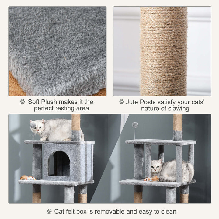 PawHut Cat Tree Tower 142cm Climbing Kitten Activity Center with Jute Scratching Post  Board Perch Roomy Condo Removable Felt Hanging Toy, Grey