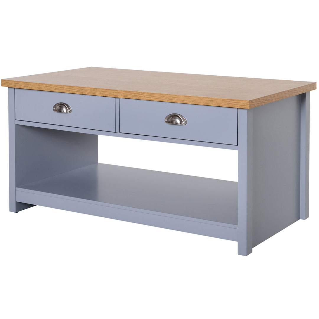 Coffee Table w/ 2 Drawers Open Display Wood Effect Tabletop Living Room Storage Retro Style Chic Polished Handles