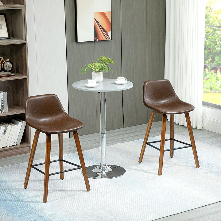 Bar Stools Set of 2, Breakfast Bar Chairs, Tall Kitchen Stools PU Leather with Backrests and Wood Legs, Brown