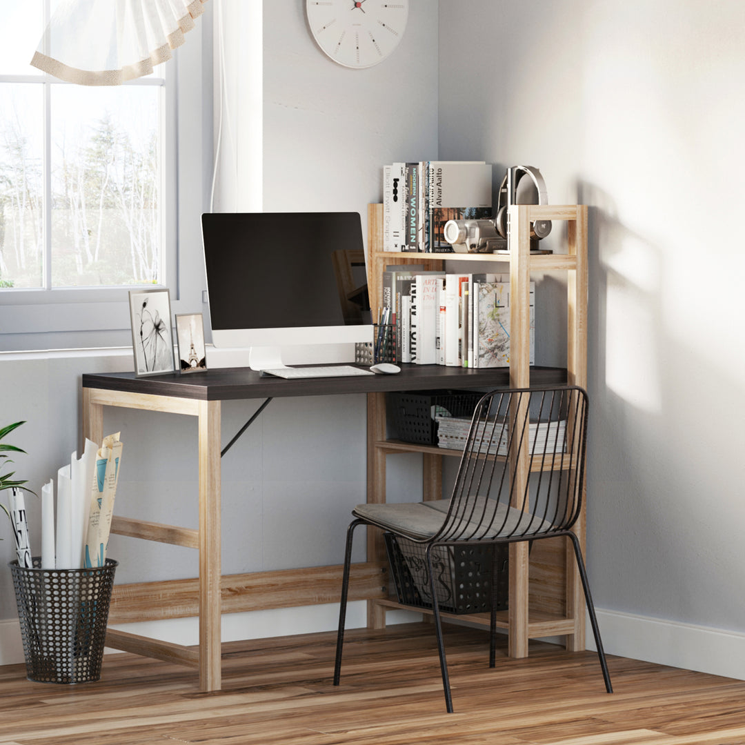 Computer Desk with shelves Office Desk Workstation，Writing Desk Computer PC Laptop Table Workstation, Black Wood Grain
