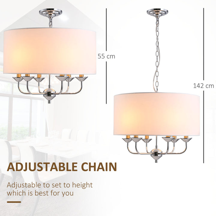 Modern Chandelier Candle Pendant Light Fabric Lampshades with Adjustable Hanging Chain for Living Room, Dining Room, Kitchen, White