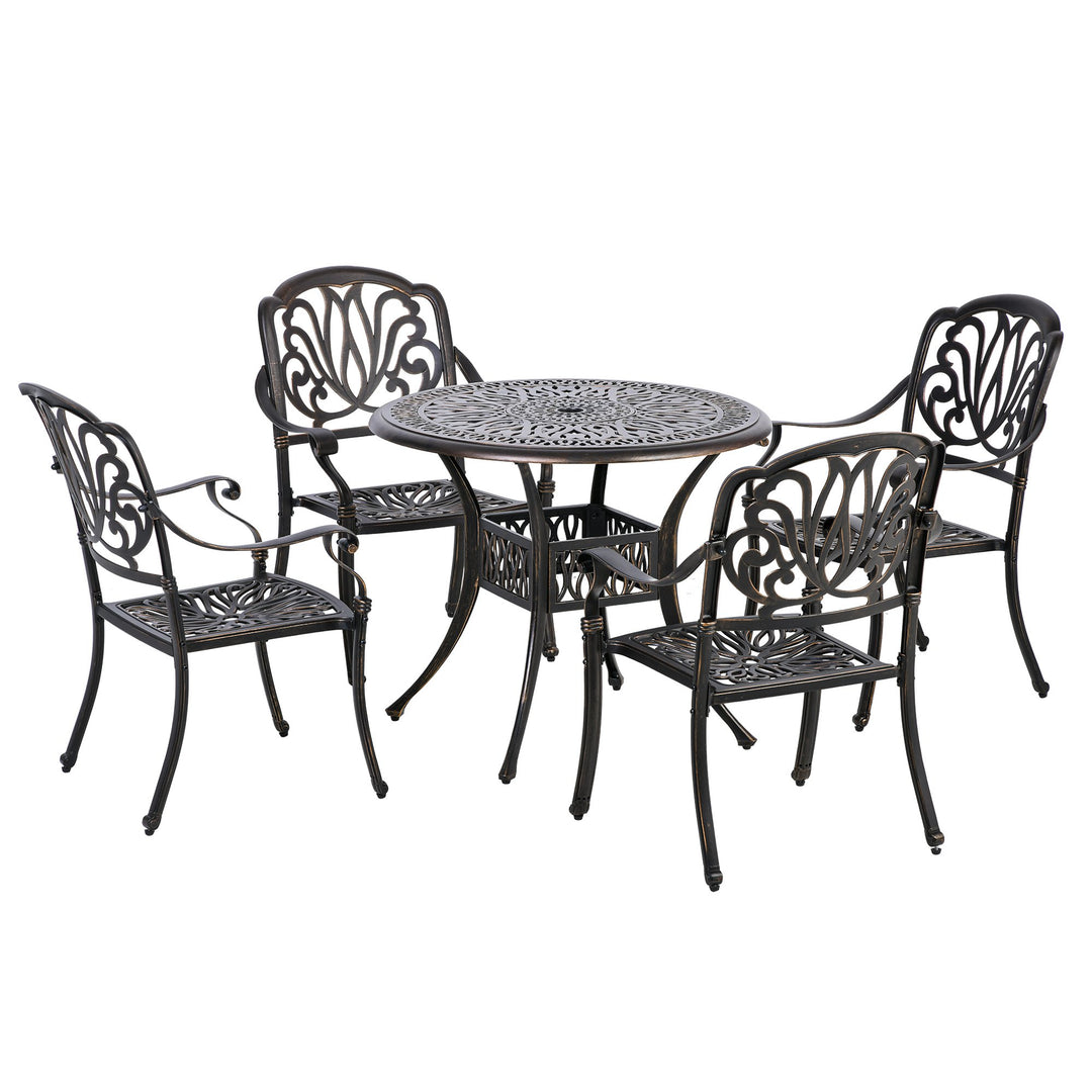 5-Piece Outdoor Furniture Dining Set, Cast Aluminum Conversation Set Includes 4 Chairs, 1 Round Table with Umbrella Hole for Patio Garden