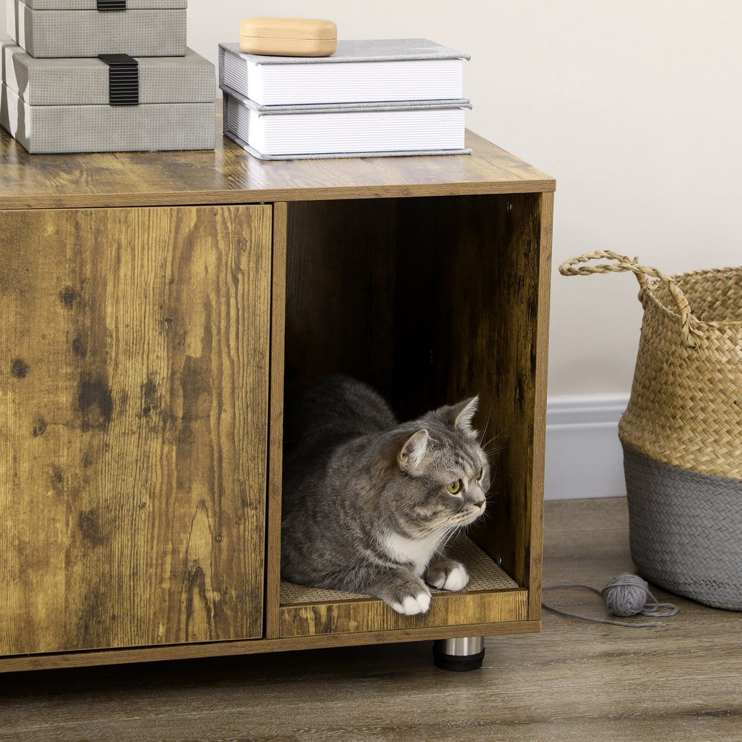 Cat Litter Box Enclosure, Hidden Cat Washroom, Decorative End Table with Double Doors, Scratching Pad, Rustic Brown