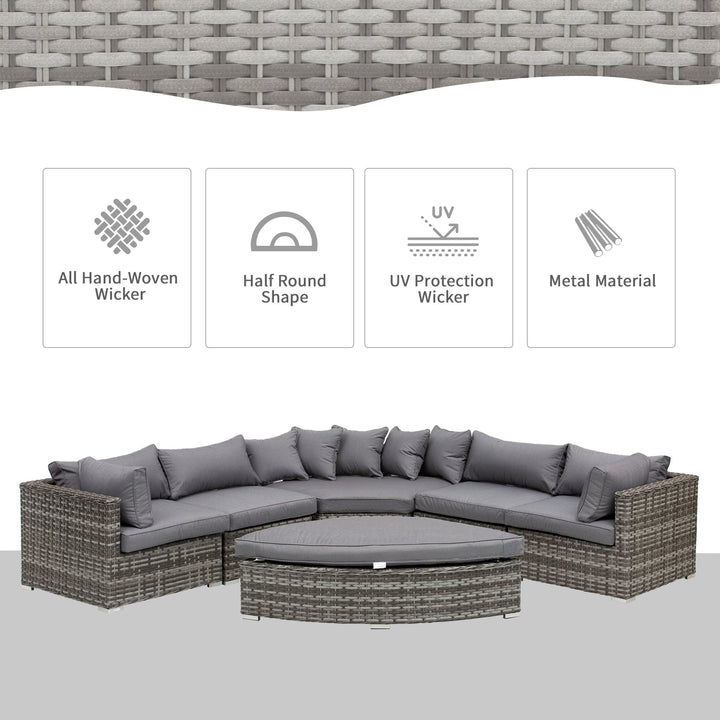 Outsunny 6-Seater Outdoor Rattan Wicker Sofa Set Half Round Patio Conversation Furniture Set w/ Cushions Grey