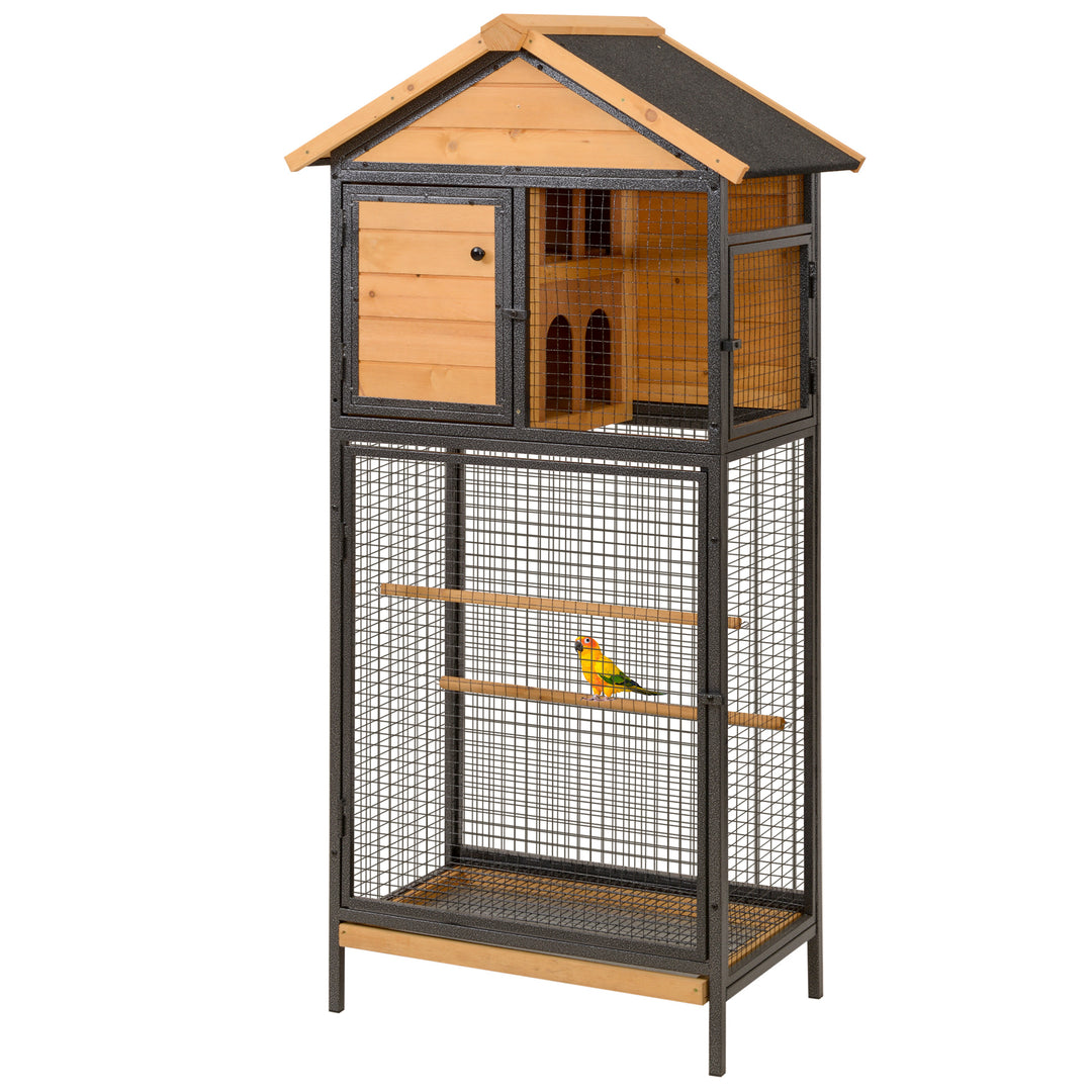 Wood &amp; Steel Bird Cage, with Standing Pole, Nest and Slide-Out Tray - Natural Finish