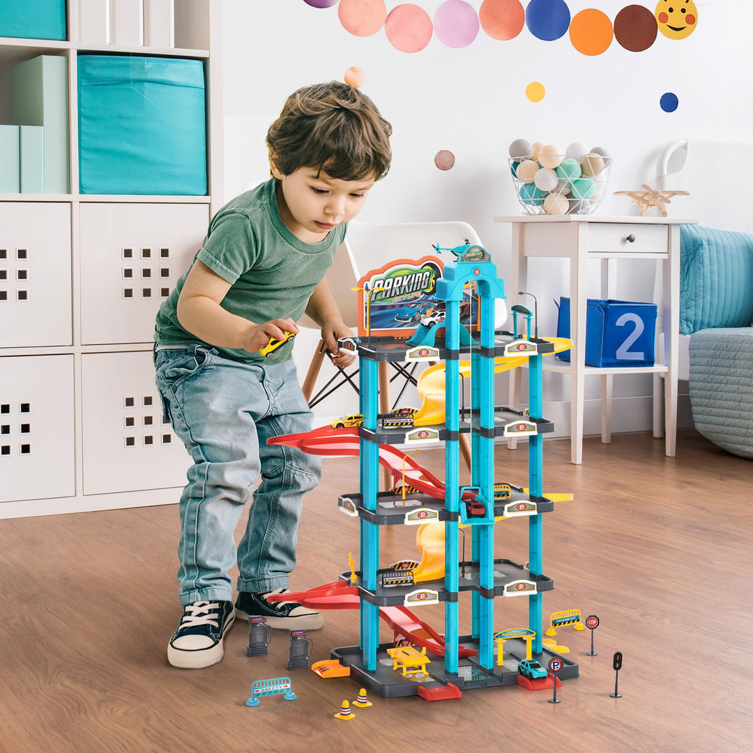 5-Level Car Parking Garage Toy Race Tracks Car Ramp Set Toddler Car Games w/ Cars &amp; Helicopter Elevator Gas Station Car Repair Station