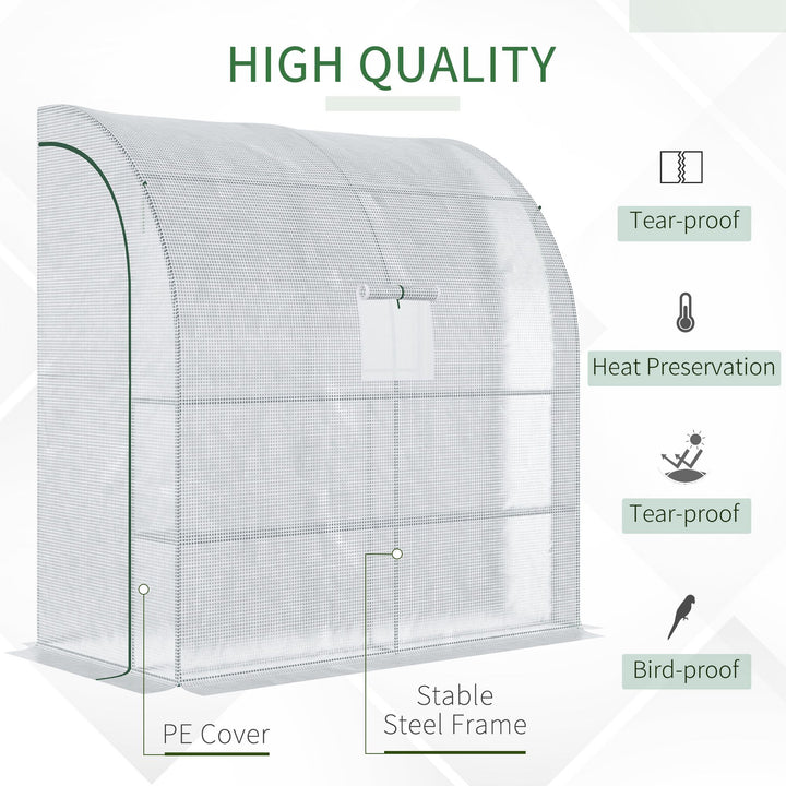 Outsunny Walk-In Lean to Polytunnel Greenhouse with Windows and Doors 2 Tiers 4 Wired Shelves 200L x 100W x 215Hcm White