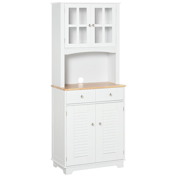 Modern Kitchen Cupboard, Louvered Kitchen Storage Cabinet with Framed Glass Doors and 2 Drawers, White