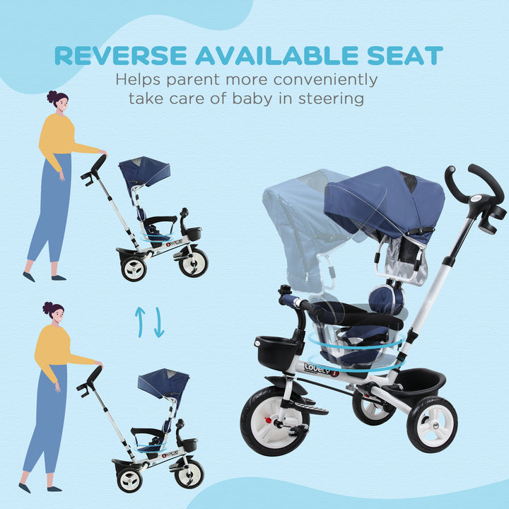 4-in-1 Tricycle 3 Wheels Baby Pedal Trike w/ Canopy for Ages over 18 Months Toddler, Blue