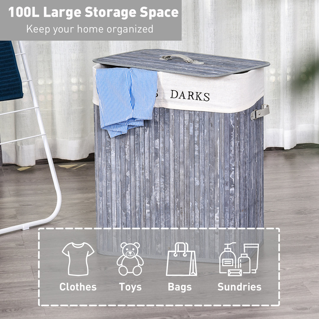 HOMCOM 100L Collapsible Natural Wood Laundry Hamper Organizer Clothes Washing Basket Bin Storage Box w/Lid Removable Lining 52x32x63cm, Grey