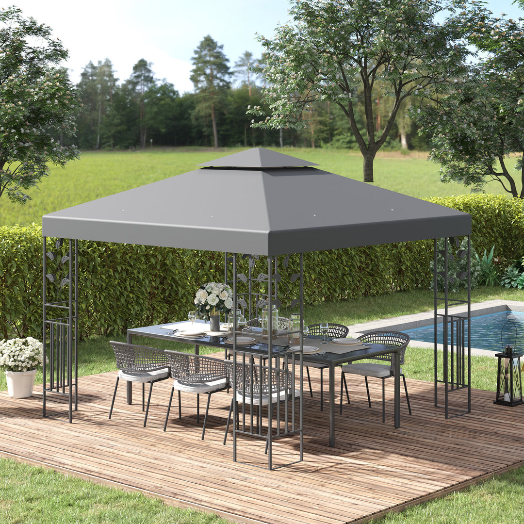 Outsunny 3 x 3m Outdoor Garden Steel Gazebo with 2 Tier Roof, Patio Canopy Marquee Patio Party Tent Canopy Shelter Vented Roof Decorative Frame - Grey