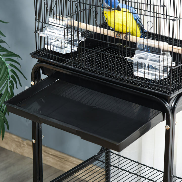 PawHut Bird Cage Budgie Cages for Finch Canary Parakeet with Stand Wheels Slide-out Tray Accessories Storage Shelf, Black 36 x 46.5 x 157 cm