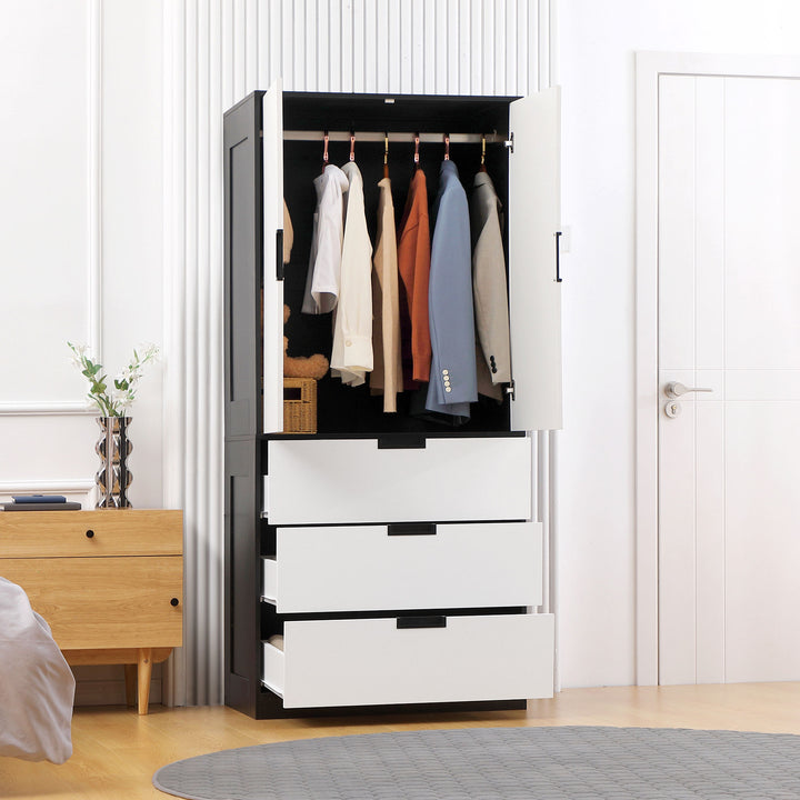 HOMCOM 2 Door Wardrobe, Modern Wardrobe with 3 Drawers and Hanging Rod for Bedroom, White