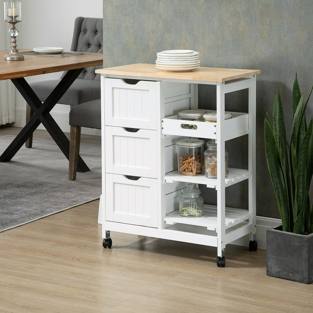 Rolling Kitchen Island Cart, Bar Serving Cart, Compact Trolley on Wheels with Wood Top, Shelves &amp; Drawers for Home Dining Area, White