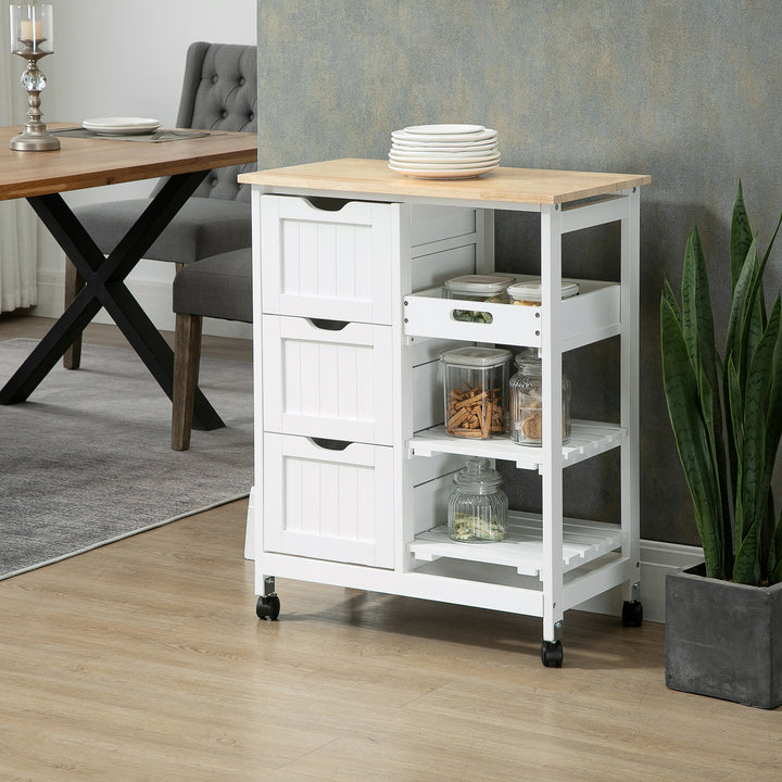 Rolling Kitchen Island Cart, Bar Serving Cart, Compact Trolley on Wheels with Wood Top, Shelves &amp; Drawers for Home Dining Area, White