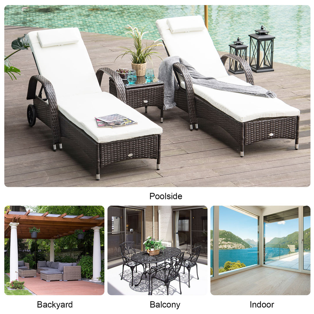 Outsunny 3 Pieces Patio Lounge Chair Set, Garden Wicker Wheeling Recliner Outdoor Daybed, PE Rattan Lounge Chairs w/Cushions & Side Coffee Table Brown