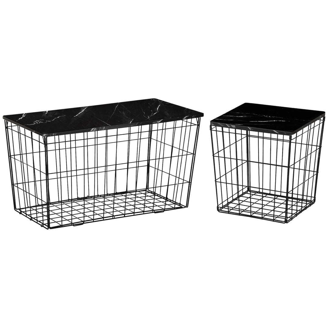 Side Table Set of 2 with Wire Storage Basket, End Tables Coffee Tables with Faux Marble Top for Living Room Bedroom, Black