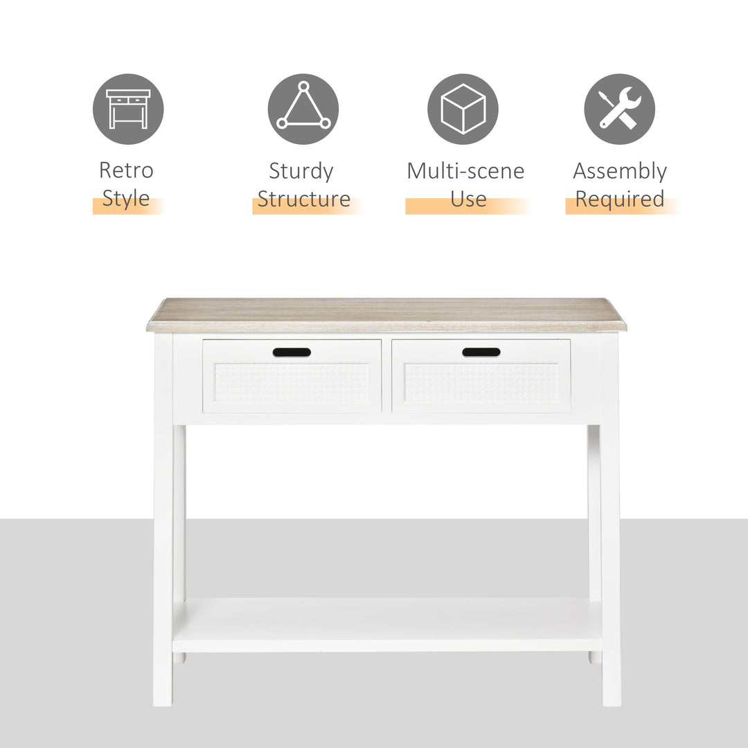 Console Table with 2 Drawers and Storage Shelf, Vintage Distressed Sofa Table for Hallway, Living Room, Bedroom, White