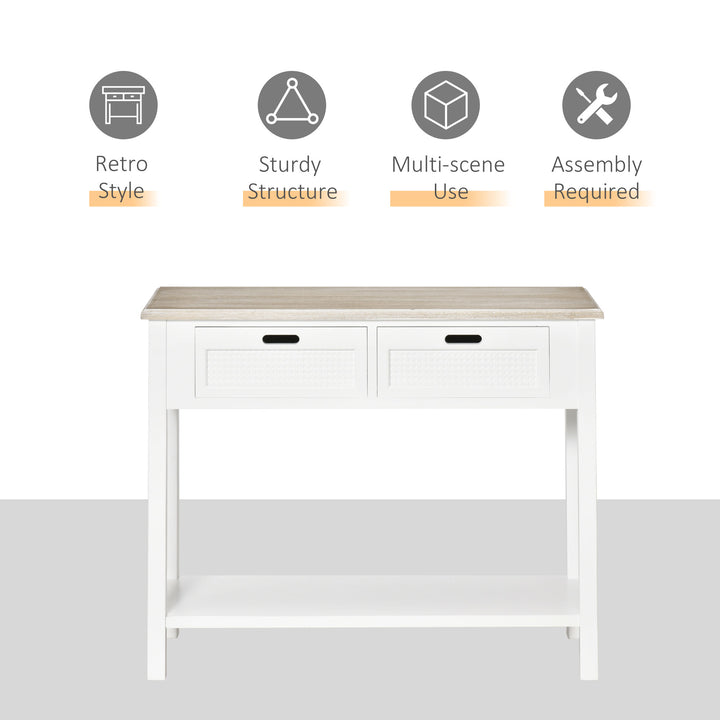 Console Table with 2 Drawers and Storage Shelf, Vintage Distressed Sofa Table for Hallway, Living Room, Bedroom, White