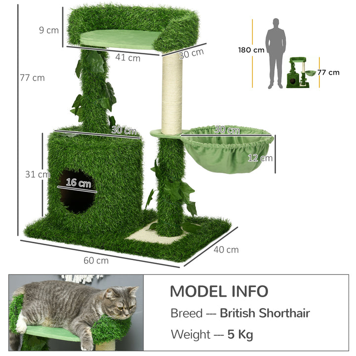 PawHut 77cm Cat Tree for Indoor Cats with Green Leaves, Multi Levels Cat Climbing Tree with Sisal Scratching Posts, Perch Hammock, Condo Green