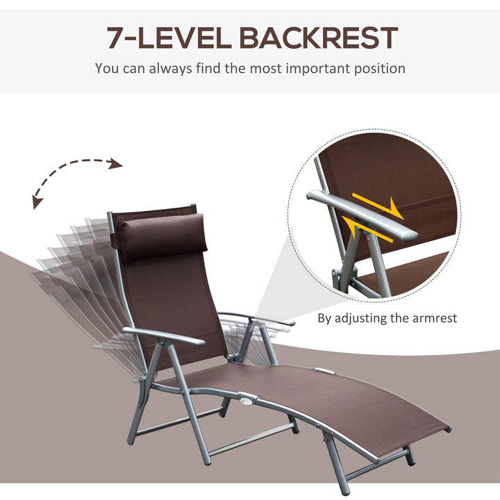 Outsunny Patio Sun Lounger Garden Texteline Foldable Reclining Chair w/ Pillow Outdoor Adjustable Recliner (Brown)