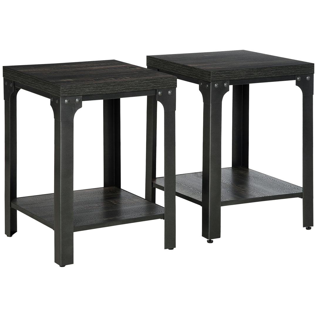 Industrial Side Table Set of 2 with Storage Shelf, Bedside Tables with Steel Frame and Thickened Top, Living Room Bedroom, Dark Walnut