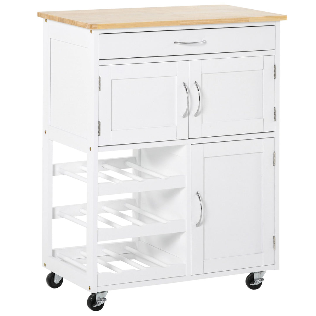Modern Kitchen Trolley, Rolling Island Storage Cart with Drawer, 9-bottle Wine Rack, Door Cabinets, Wooden Countertop, White