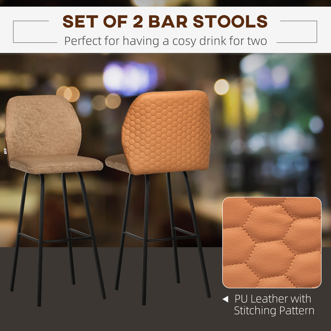 Bar Stools Set of 2, Linen-Touch Upholstered Bar Chairs, Kitchen Stools with Backs and Steel Legs, Light Brown