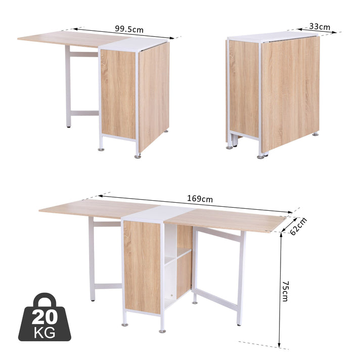 Foldable Dining Table Folding Workstation for Small Space with Storage Shelves Cubes Oak & White