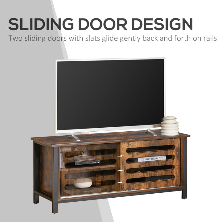 Industrial TV Stand for TVs up to 50 Inches, TV Cabinet with Sliding Doors, Storage Shelves, Cable hole for Living Room Bedroom, Rustic Brown