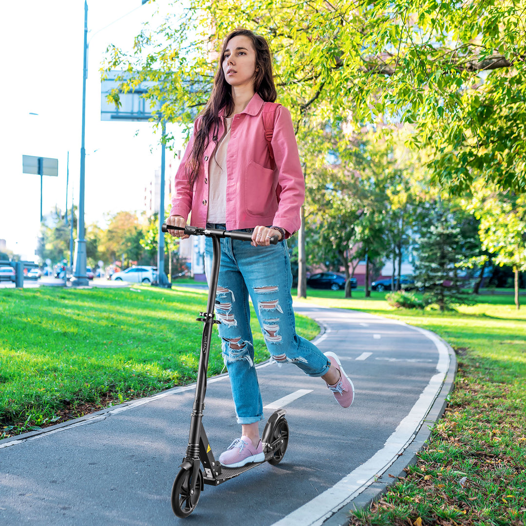 One-click Folding Kick Scooter for 14+ w/ Adjustable Handlebar, Push Scooter with Kickstand, Dual Brake System, Shock Absorber, Black
