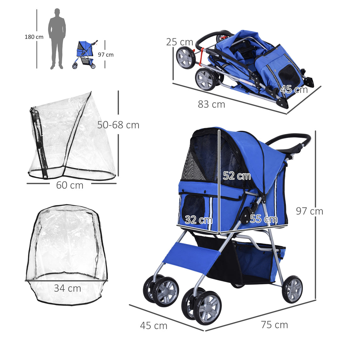 PawHut Dog Stroller with Rain Cover for Small Miniature Dogs, Folding Pet Pram with Cup Holder, Storage Basket, Reflective Strips, Blue