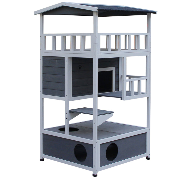 PawHut Cats Fir Wood 3-Tier Waterproof Play House Grey