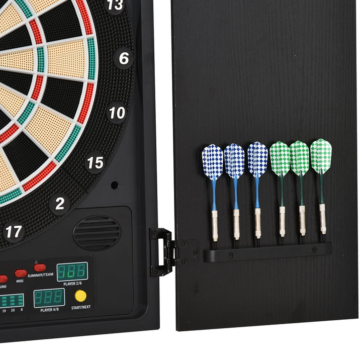 Electronic Dartboard In Case LED Scoreboard w/ 12 Darts 30 Heads Side Storage Cabinet Black White