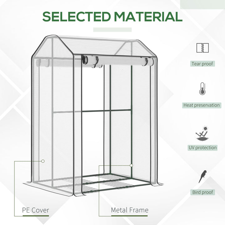 Outsunny Mini Greenhouse with Shelves Portable Garden Grow House for Plants with Roll Up Door and Vents, 100 x 80 x 150cm, White