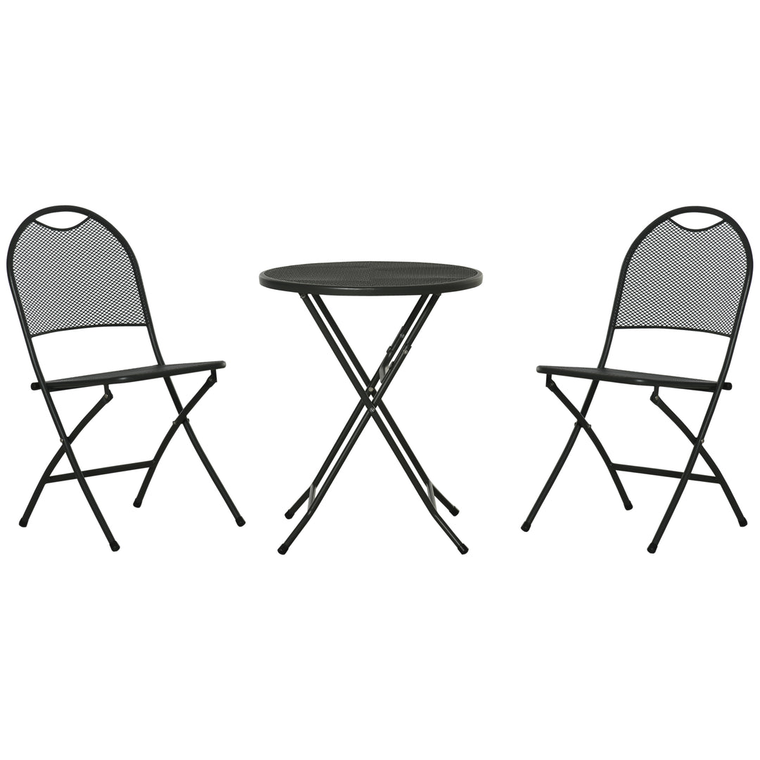 Outsunny 3 Piece Garden Bistro Set w/ Folding Design Mesh Metal Outdoor Coffee Table Set Two Chairs Black