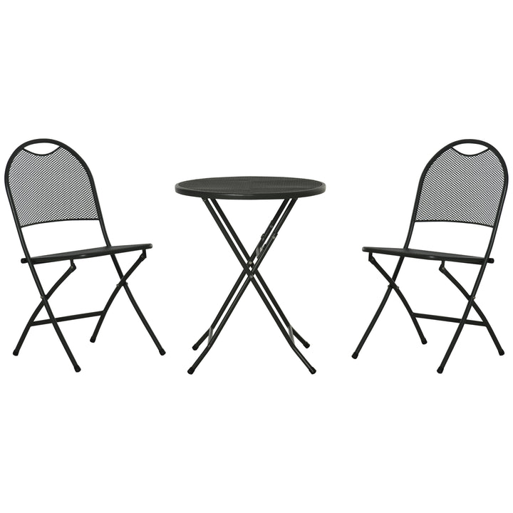 Outsunny 3 Piece Garden Bistro Set w/ Folding Design Mesh Metal Outdoor Coffee Table Set Two Chairs Black