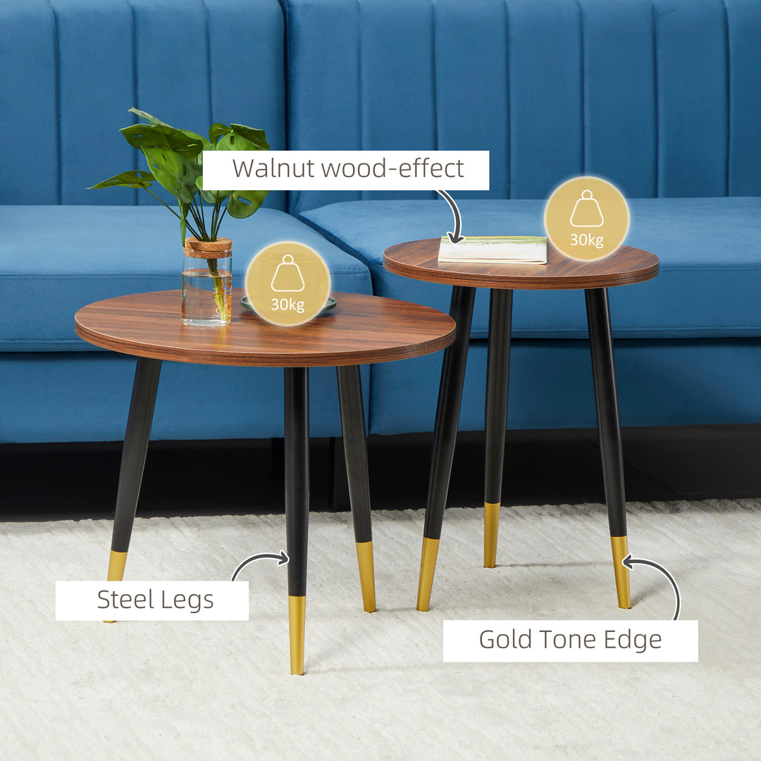 Nest of Tables, Round Coffee Tables Set of 2 with Steel Frame for Living Room Bedroom, Walnut brown