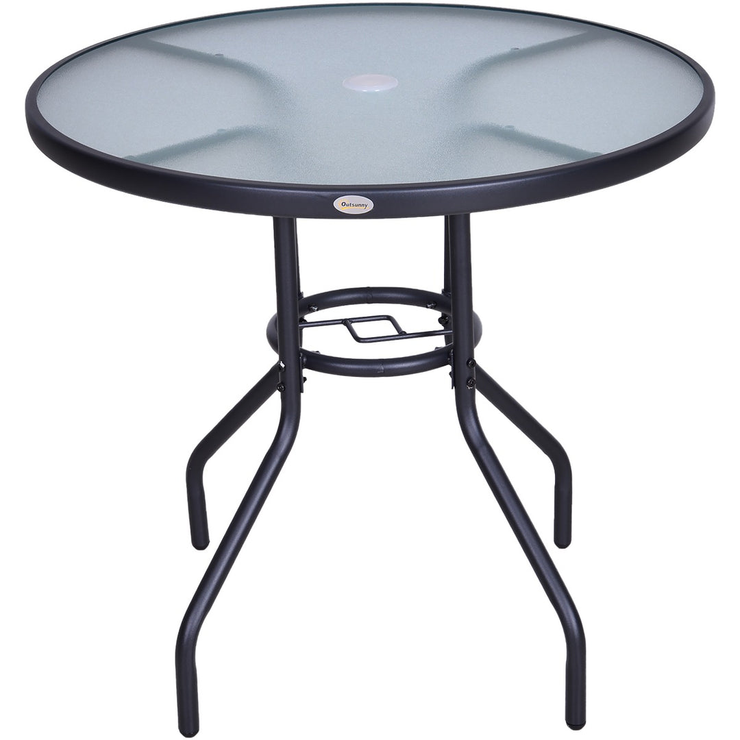 Outdoor Round Dining Table Tempered Glass Top Steel Garden Table w/ Parasol Hole 80cm