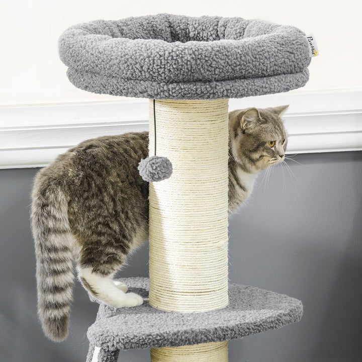 PawHut Cat Tree Cat Tower with Cat Scratching Posts, Pad, Bed, Toy Ball for Cats under 6 Kg, Dark Grey & Beige