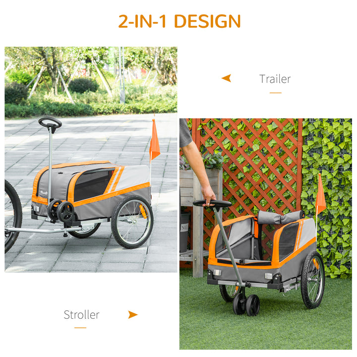 Dog Bike Trailer Two-In-One Trolley Stroller Cart Bicycle Carrier for Cat Puppy Travel w/ Reflectors Red Flag - Orange