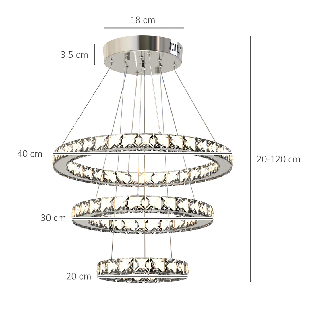 Modern LED Chandelier with 3 Crystal Rings, Dimmable Pendent Ceiling Light Cool Warm White with Adjustable Cable Remote Controller, Silver